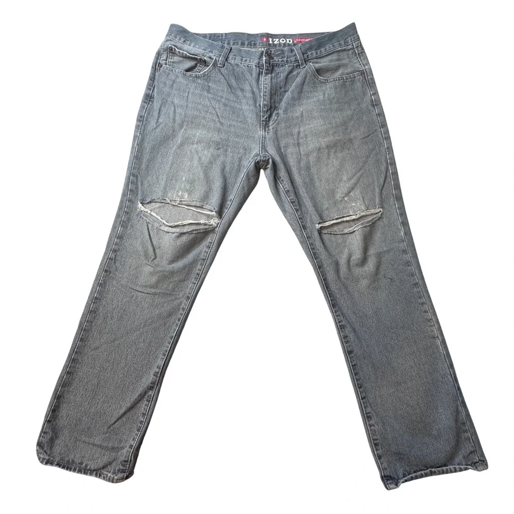 IZOD Jeans Mens 37x27 Blue‎ Slim Straight Fit Distressed Ripped Denim Pants